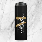 Chic Black Gold Monogram Calligraphie Thermosbecher