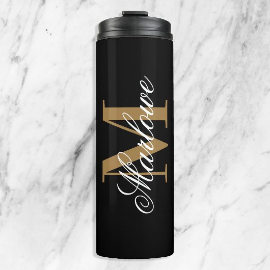 Chic Black Gold Monogram Calligraphie Thermosbecher