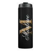 Chic Black Gold Monogram Calligraphie Thermosbecher (Vorderseite)