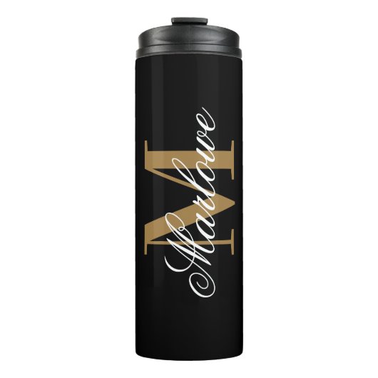 Chic Black Gold Monogram Calligraphie Thermosbecher (Vorderseite)