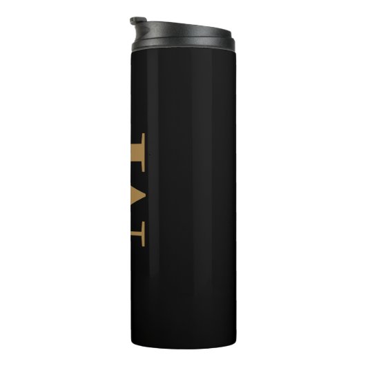 Chic Black Gold Monogram Calligraphie Thermosbecher (Nach rechts gedreht)