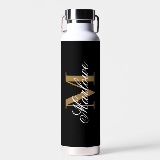 Chic Black Gold Monogram Calligraphie Trinkflasche (Vorne)