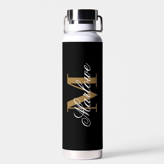 Chic Black Gold Monogram Calligraphie Trinkflasche (Rückseite)