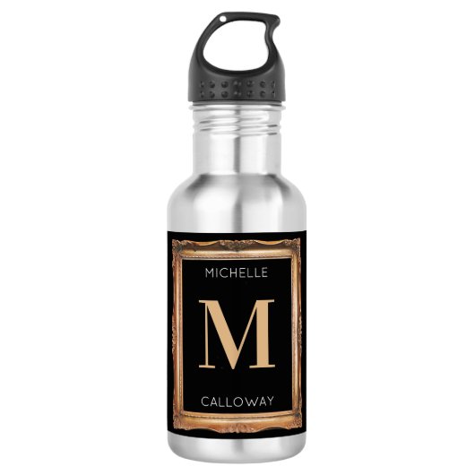 Chic Black & Gold Monogram Edelstahlflasche (Vorderseite)
