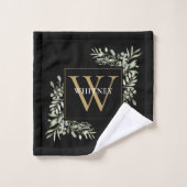 Chic Black Gold Monogram Greenery Floral Badhandtuch Set (Waschlappen)