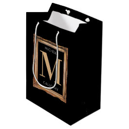 Chic Black & Gold Monogram Mittlere Geschenktüte