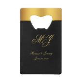 Chic Black Gold Monogram Script Wedding Geldbeutel Flaschenöffner (Rückseite)
