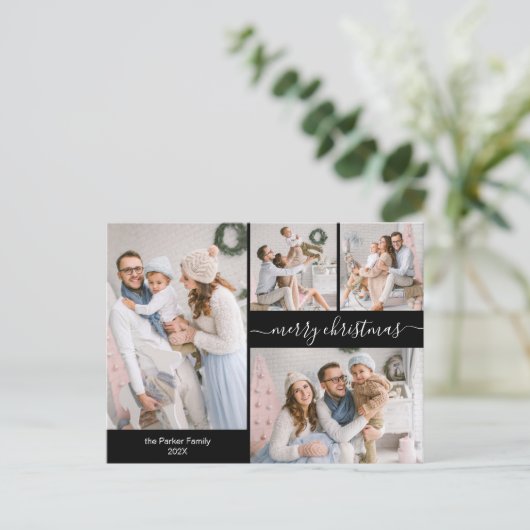 Chic Black Gold Script 5 Multiple Christmas Foto Postkarte (Stehend Vorderseite)
