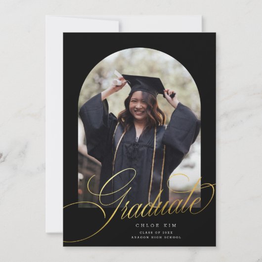 Chic Black Gold Script Arch Abschluss Foto Ankündigung (Vorderseite)