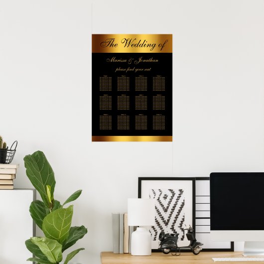 Chic Black Gold Script Border Wedding Seating Poster (Heimbüro)