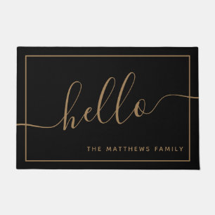 Chic Black Gold Script Hallo Familienname Willkomm Fußmatte