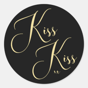 Chic Black Gold Script Kiss Kiss Sprichwort Runder Aufkleber
