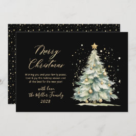 Chic Black Gold Script Watercolor Weihnachtsbaum Feiertagskarte