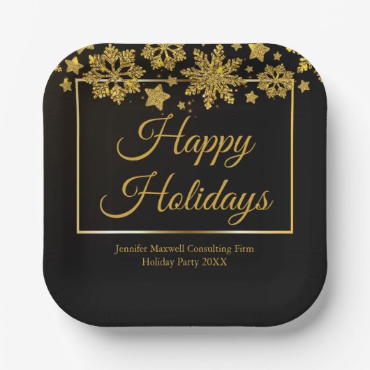 Chic Black Gold Snowflake Custom Christmas Party Pappteller (Vorderseite)