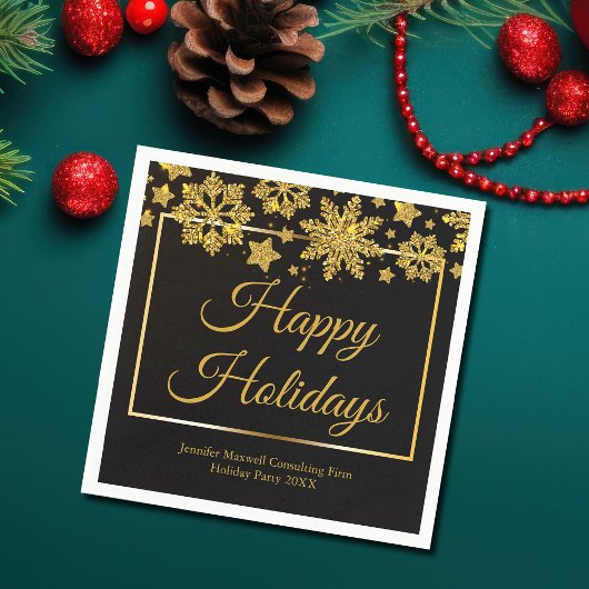 Chic Black Gold Snowflake Custom Christmas Party Serviette