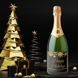 Chic Black Gold Snowflake Custom Holiday Party Schaumweinetikett