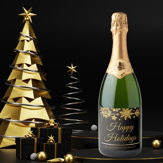 Chic Black Gold Snowflake Custom Holiday Party Schaumweinetikett