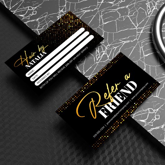 Chic Black Gold Sparkle Salon Empfehlungskarte
