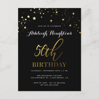 Chic Black & Gold Star Confetti 50. Geburtstag Einladungspostkarte