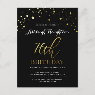 Chic Black & Gold Star Confetti 70. Geburtstag Einladungspostkarte