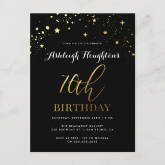Chic Black & Gold Star Confetti 70. Geburtstag Einladungspostkarte