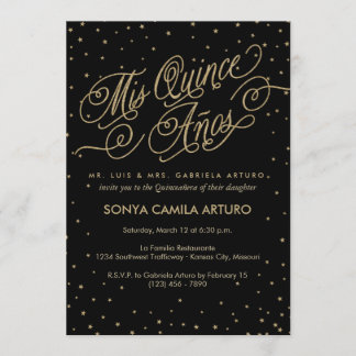Chic Black & Gold Stars Quinceañera 15. Geburtstag Einladung