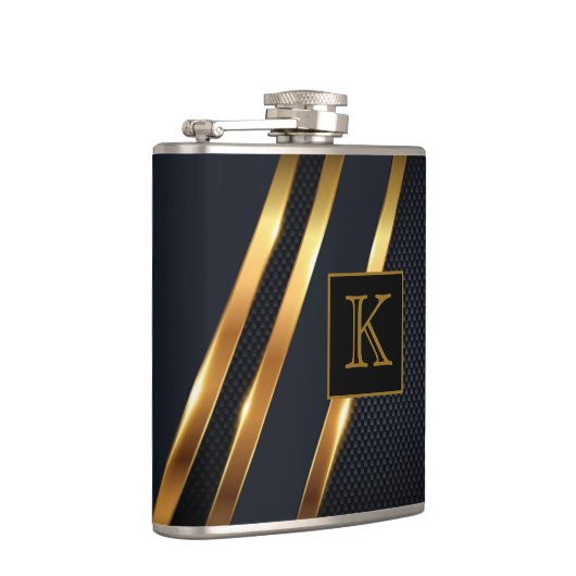 Chic Black & Gold Streifen Mit Monogramm Flachmann (Rechts)