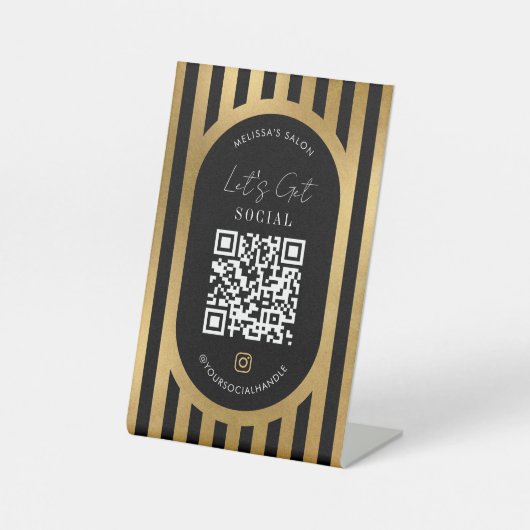 Chic Black & Gold Stripes Social Media QR Code Sockelschild (Vorderseite)