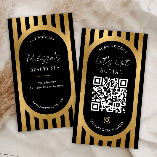 Chic Black & Gold Stripes Social Media QR Code Visitenkarte