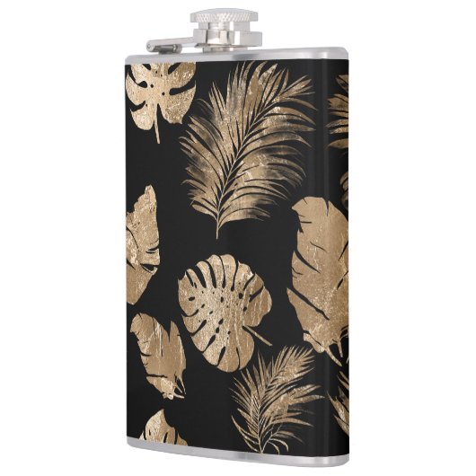 Chic Black Gold Tropical Blätter Flachmann (Links)