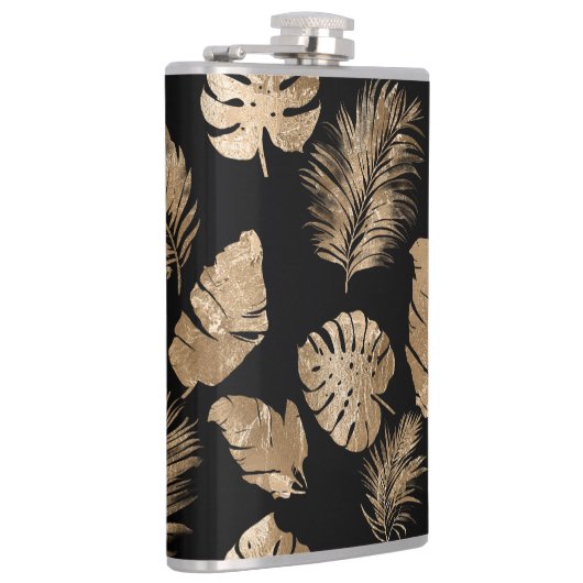 Chic Black Gold Tropical Blätter Flachmann (Rechts)