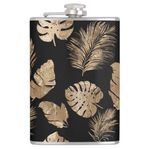 Chic Black Gold Tropical Blätter Flachmann