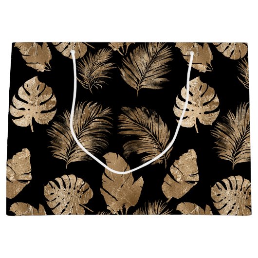 Chic Black Gold Tropical Blätter Große Geschenktüte (Vorderseite)