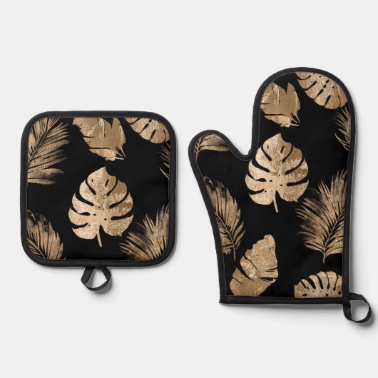 Chic Black Gold Tropical Blätter Ofenhandschuh & Topflappen-Set (Vorderseite)