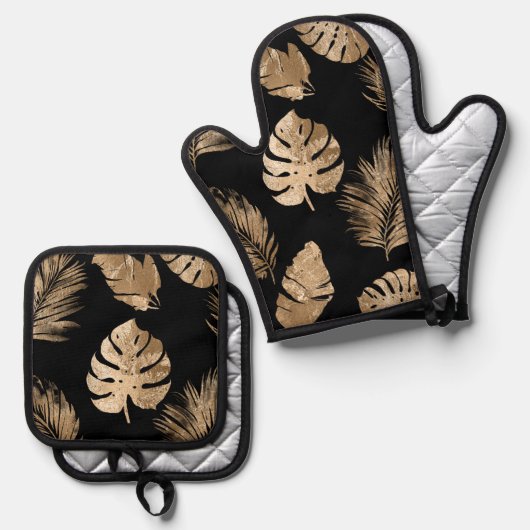 Chic Black Gold Tropical Blätter Ofenhandschuh & Topflappen-Set (Vorderseite/Rückseite)