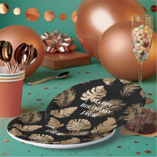 Chic Black Gold Tropical Blätter Pappteller