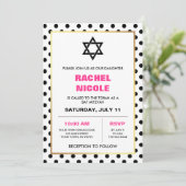 Chic Black Gold und Pink Polka Dots Bat Mitzvah Einladung (Stehend Vorderseite)