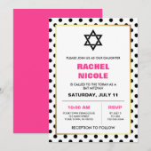 Chic Black Gold und Pink Polka Dots Bat Mitzvah Einladung (Vorne/Hinten)