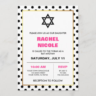 Chic Black Gold und Pink Polka Dots Bat Mitzvah Einladung