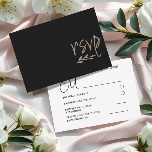 Chic Black & Gold Wedding RSVP Karte