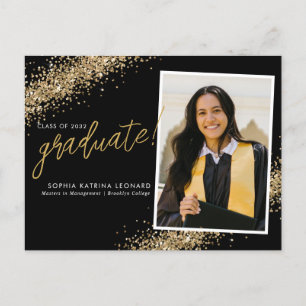 Chic Black Graduate Gold Glitzer Foto Abschluss Ankündigungspostkarte