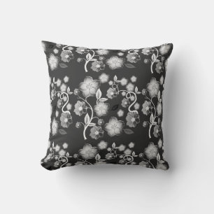 Chic Black, Gray and White Floral Accent Pillow Kissen