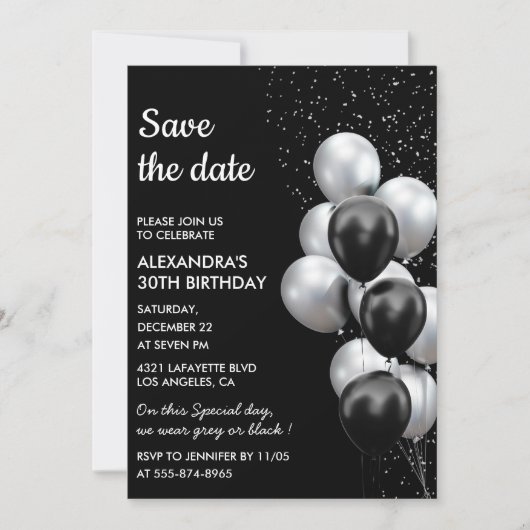 Chic Black Gray Balloon 30. Save the Date Einladung (Vorderseite)