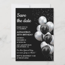 Chic Black Gray Balloon 30. Save the Date