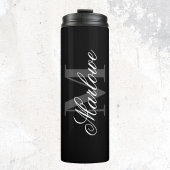 Chic Black Gray Monogram Calligraphy Thermosbecher