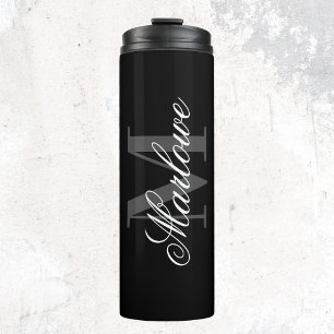 Chic Black Gray Monogram Calligraphy Thermosbecher