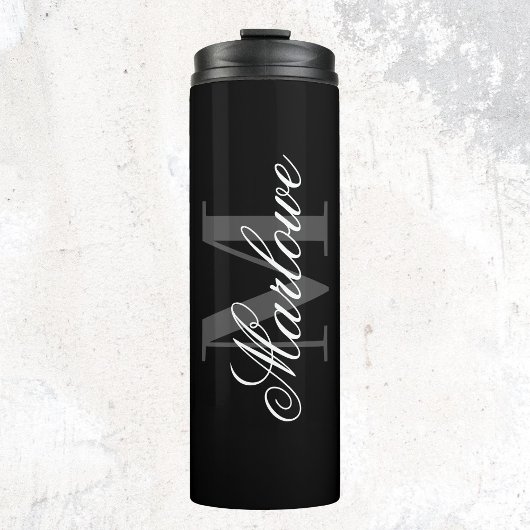 Chic Black Gray Monogram Calligraphy Thermosbecher