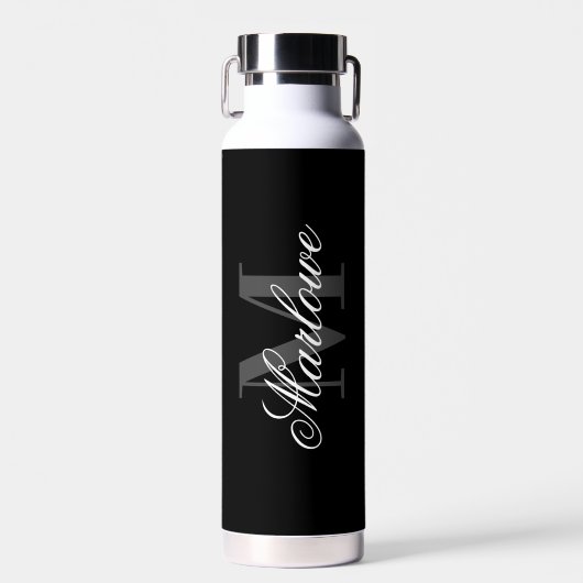 Chic Black Gray Monogram Calligraphy Trinkflasche (Vorne)