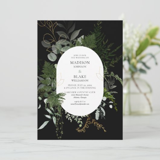 Chic Black Green Forest Wedding Einladung (Stehend Vorderseite)