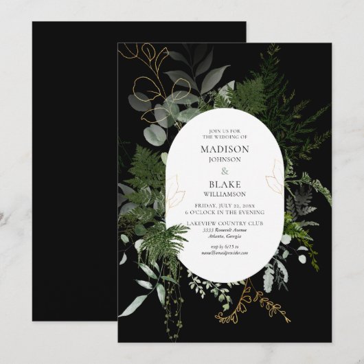 Chic Black Green Forest Wedding Einladung (Vorne/Hinten)